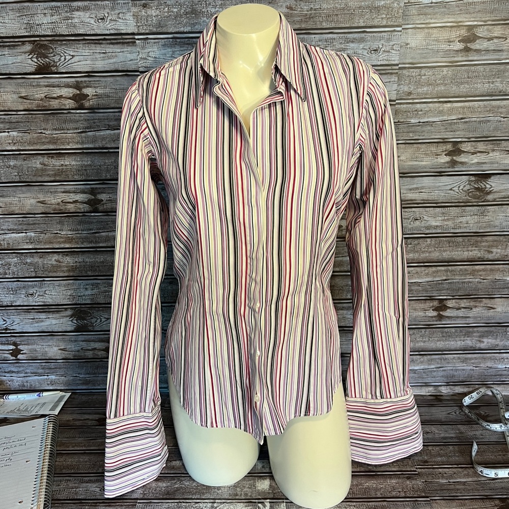 Thomas Pink, London, Button-Up Shirt with Pink, Black and Blue Stripes